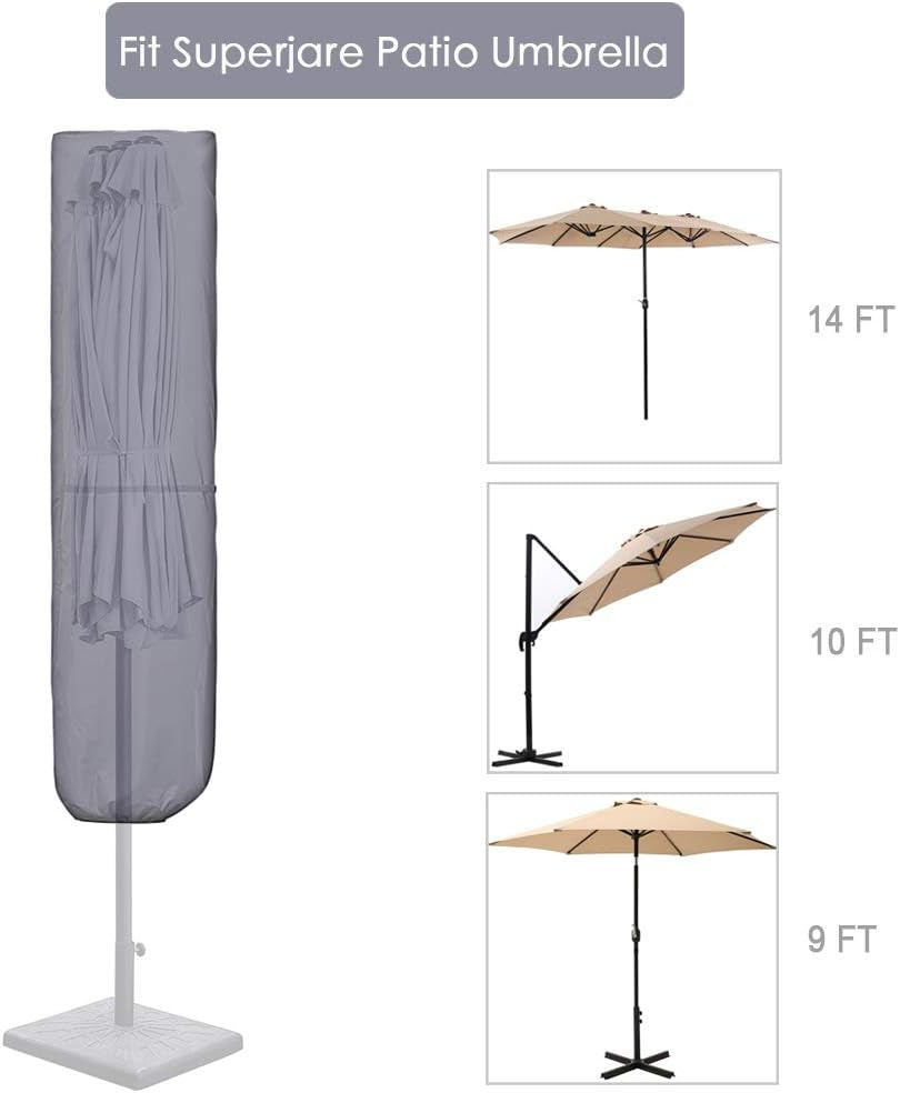 Patio Umbrella Cover with Rod for 7 to 11 Ft Umbrellas & 15 Ft Double-Sided Umbrellas, 600D Protective Waterproof Cover with Zipper, Gray