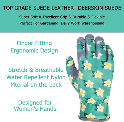 Deerskin Suede Leather Womens Gardening Gloves, Extra Soft Padded Hands Protection, Thorn-Proof and Puncture-Resistant (SD6611/M)