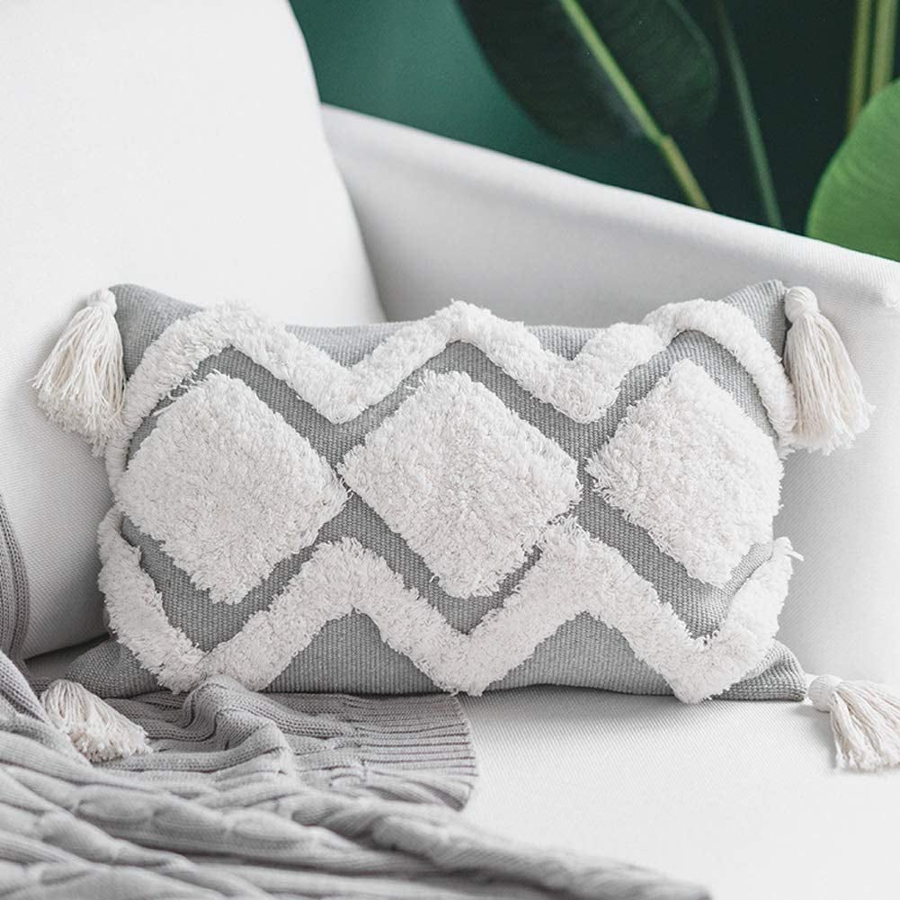 Lumbar Small Decorative Throw Pillow Covers 12 X 20 Inches for Couch Sofa Bedroom Living Room, Woven Tufted Boho Pillows Cover with Tassels, Cute Grey Farmhouse Pillows Case