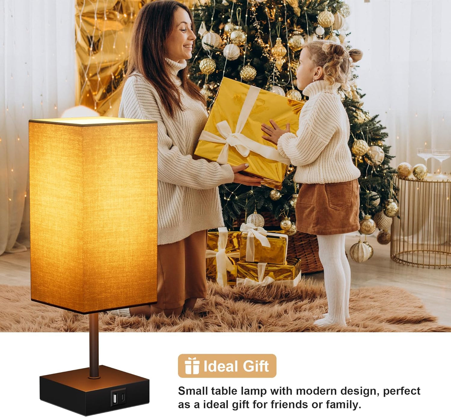 Table Lamp with USB C USB a Port,Square Touch Lamp for Bedroom with 3 Way Dimmable 2700K Warm Light, Beige Fabric Lamp Shade Small Lamp for Night Stand LED Bulb Included