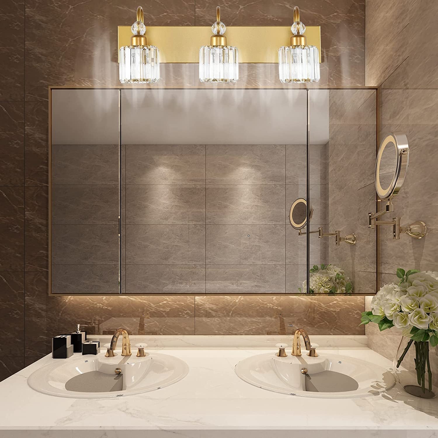 Gold Bathroom Vanity Lights 3-Lights Gold Crystal Vanity Lights over Mirror Modern Crystal Bathroom Vanity Lighting Fixtures