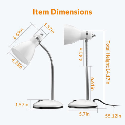 Metal Desk Lamp, Adjustable Goose Neck Table Lamp, Eye-Caring Study Desk Lamps for Bedroom, Study Room and Office (White)