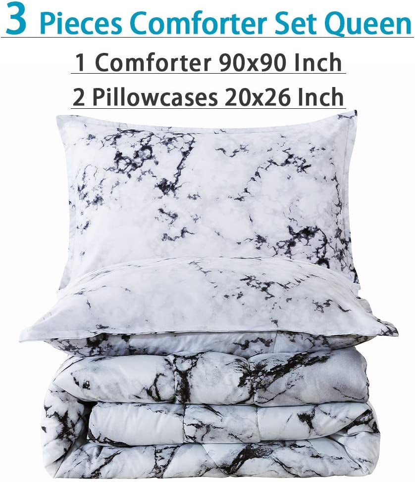 White Marble Comforter Queen(90X90Lnch), 3Pieces(1 Marble Comforter and 2 Pillowcases) Soft Microfiber Comforter Bedding Set for Men and Women