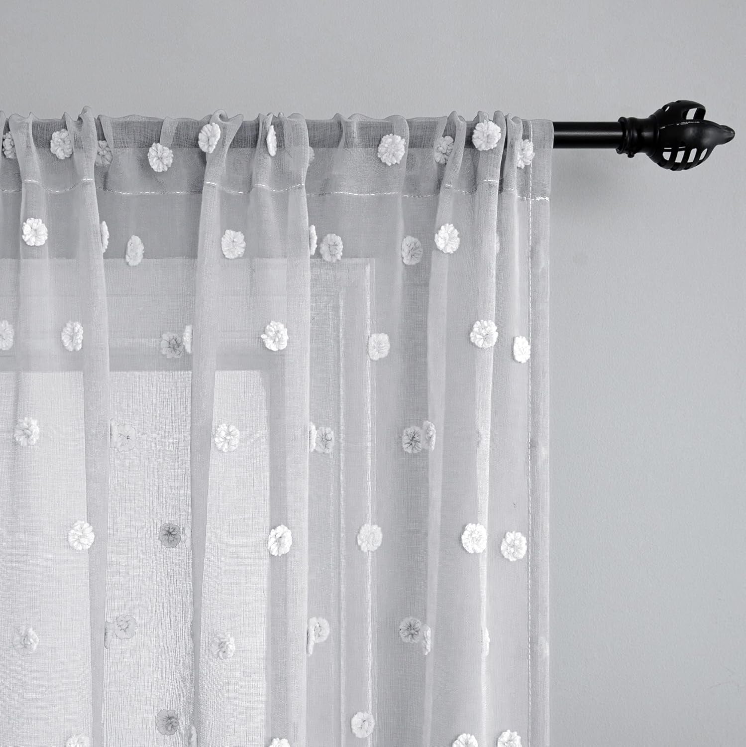 Grey Curtains 63 Inch Length for Boho Boys Nursery Decor 2 Panel Sets Semi Sheer Rod Pocket Pom Pom Embroidery Cute Fuzzy Curtains for Girls Room Kids Bedroom Area 52 X 63 Inches Long Light Gray