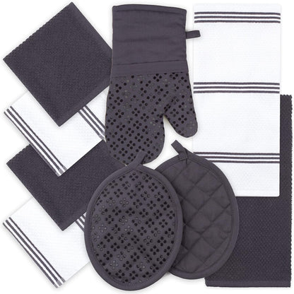 Kitchen Towels Dishcloths Oven Mitts and Pot Holders Set of 9, Oeko-Tex 100% Cotton Terry Dish Towels & Dish Cloths, Non-Slip Silicone, Gray