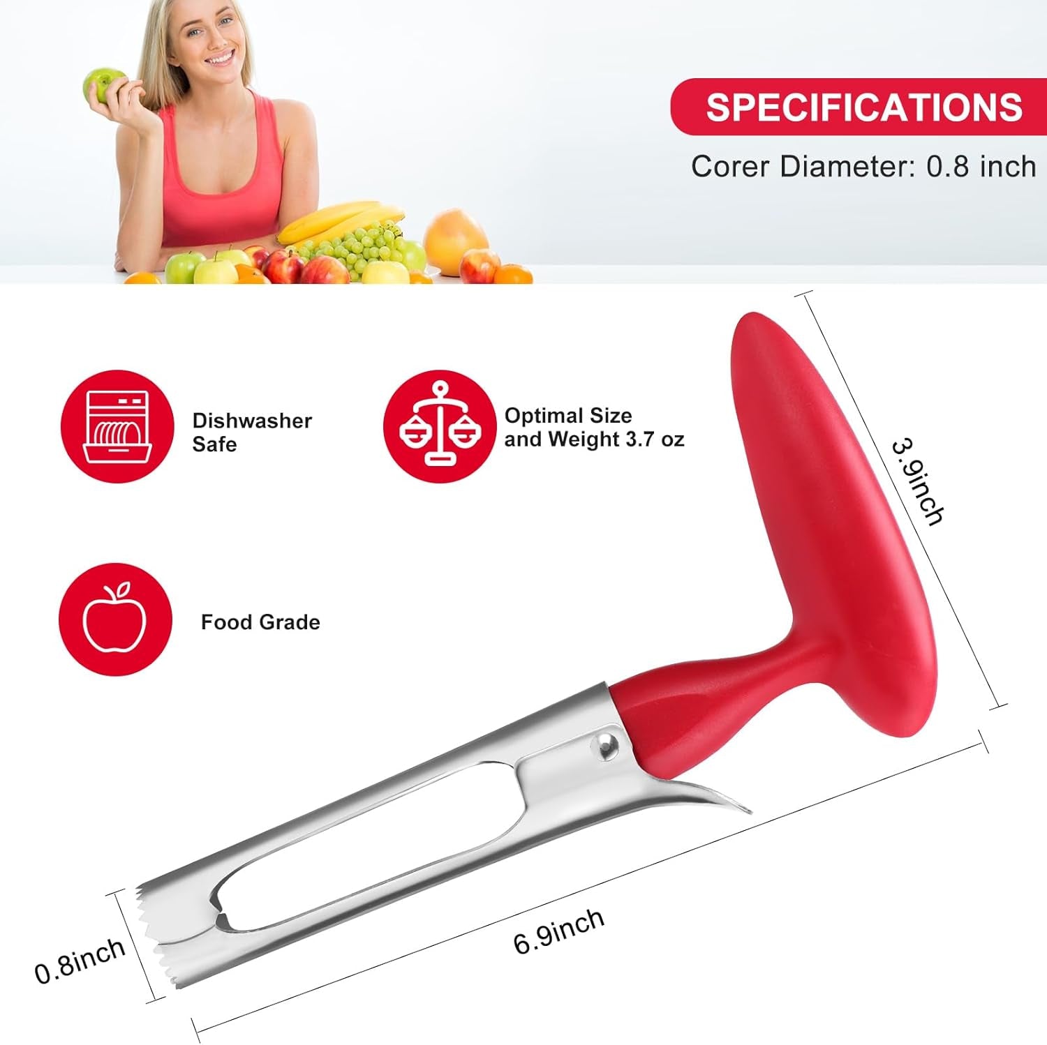 Premium Apple Corer Tool - Easy to Use and Clean - Sturdy Apple Core Remover with Sharp Serrated Blades - Stainless Steel Corers for Apple and Pear - Core Fruits with Ease(Red)