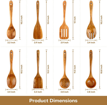 Wood Spoons for Cooking,Nonstick Kitchen Utensil Set,Wooden Spoons Cooking Utensil Set Non Scratch Natural Teak Wooden Utensils for Cooking(Teak 8 Pack)