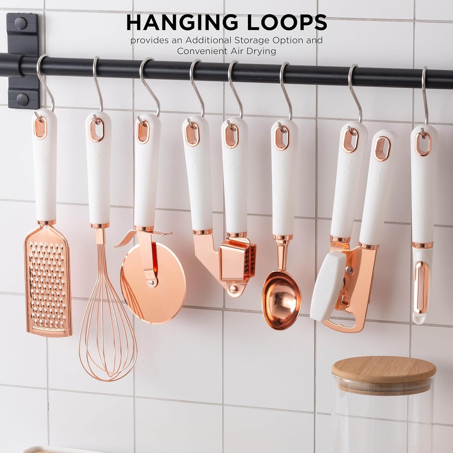 Kitchen Gadget Set Stainless Steel Utensils with Soft Touch Handles, 7 Pc. Copper, White