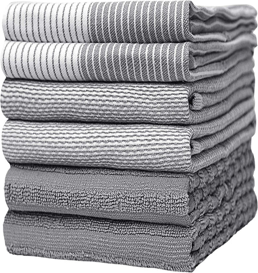 Premium Kitchen Towels (20”X 28”, 6 Pack) | Large Cotton Kitchen Hand Towel | Flat & Terry Dish Cloths | Highly Absorbent Tea Towels Set with Hanging Loop | Gray