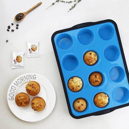 Non-Stick Silicone Muffin Pan with Reinforced Stainless Steel Frame Inside,12 Cup Regular Muffin Baking Mold, 12 Cup Muffin Tin, BPA Free,Dishwasher Safe, Blue