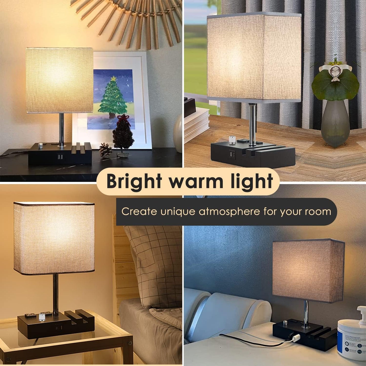 Fully Dimmable Table Lamp, Lamp for Bedroom 2 USB Ports, Bedside Lamps with 2 AC Outlet and Phone Slots, Small Table Lamp for Living Room, Grey Nightstand Lamp for Reading, LED Bulb Included