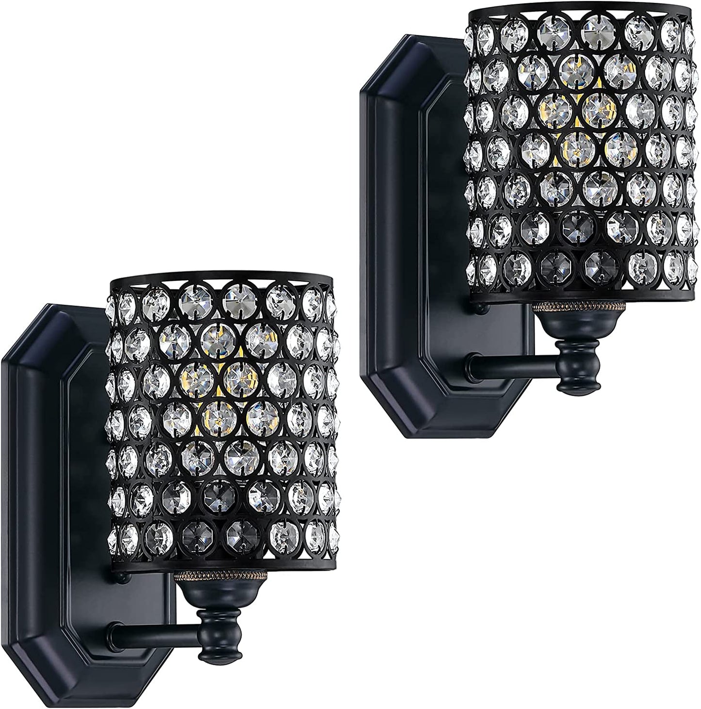 2 Pack 1 Light Crystal Wall Sconce Lighting with Black Finish,Modern Concise Style Wall Light Fixture Polyhedral Crystal Shade for Bathroom, Bedroom Living Room Bedside