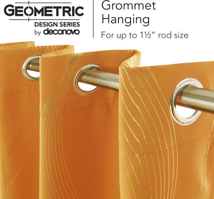 Blackout Grommet Gold Pattern Printed Curtains, Orange Flame/Wave, 42W X 45L