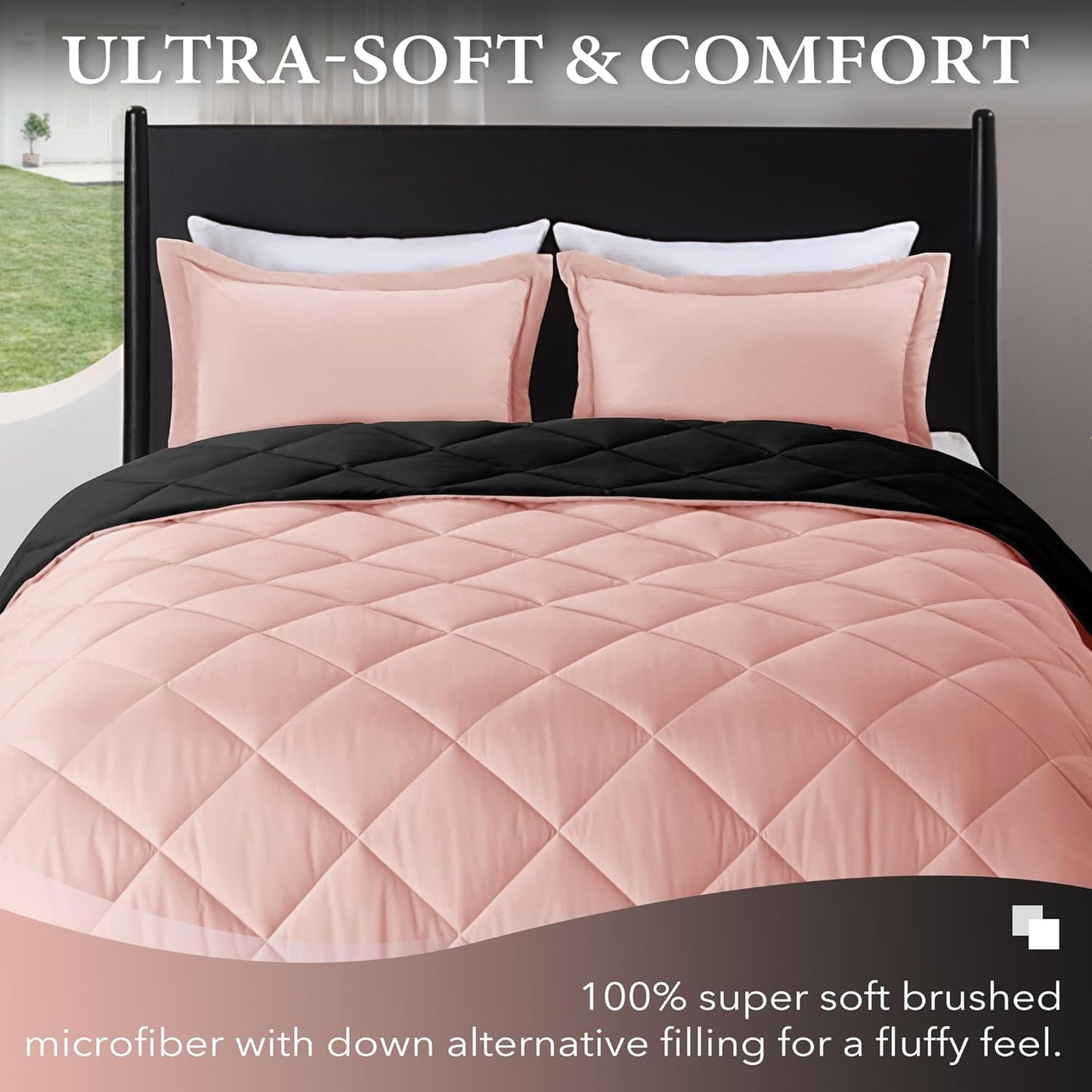 Twin Comforter Set - Pink and Black Twin Comforter, Soft Bedding Sets for All Seasons -2 Pieces - 1 Comforter (66"X92") and 1 Pillow Sham(20"X26")