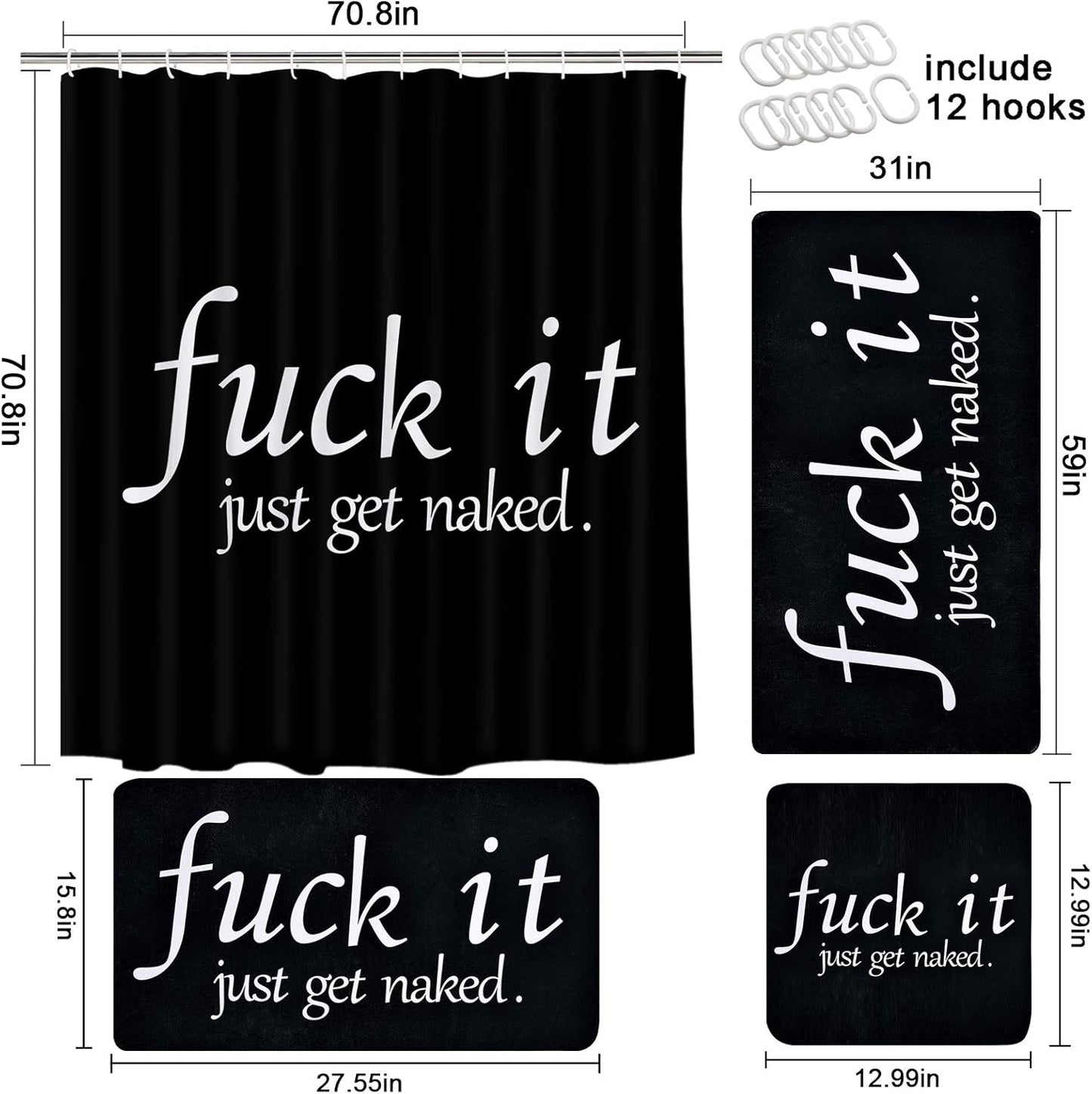 Get Naked Shower Curtain Set, Includes Extra Large Bath Towel, Absorbent Hand Towels, Soft Washcloth, Black and White Funny Quotes Shower Curtain with 12 Hooks for Bathroom Decoration, Spa, Hotel