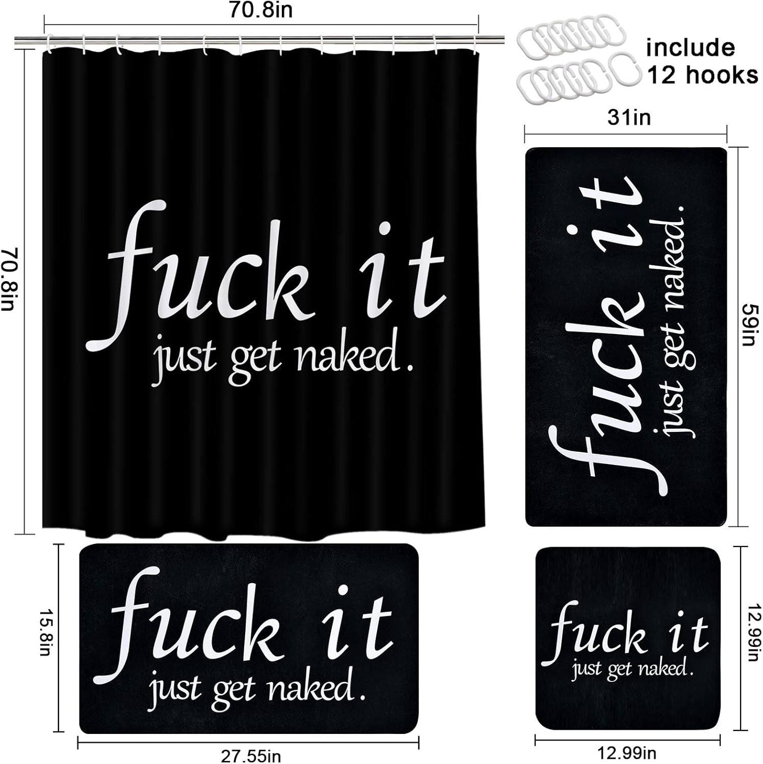 Get Naked Shower Curtain Set, Includes Extra Large Bath Towel, Absorbent Hand Towels, Soft Washcloth, Black and White Funny Quotes Shower Curtain with 12 Hooks for Bathroom Decoration, Spa, Hotel