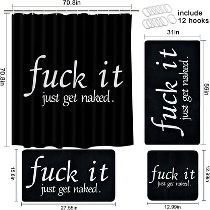 Get Naked Shower Curtain Set, Includes Extra Large Bath Towel, Absorbent Hand Towels, Soft Washcloth, Black and White Funny Quotes Shower Curtain with 12 Hooks for Bathroom Decoration, Spa, Hotel