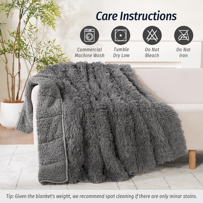 Shaggy Long Fur Faux Fur Weighted Blanket, Cozy and Fluffy Plush Sherpa Long Hair Blanket for Adult 15Lbs, Fluffy Fuzzy Sherpa Reverse Heavy Blanket for Bed, Couch, Grey, 60 X 80 Inches