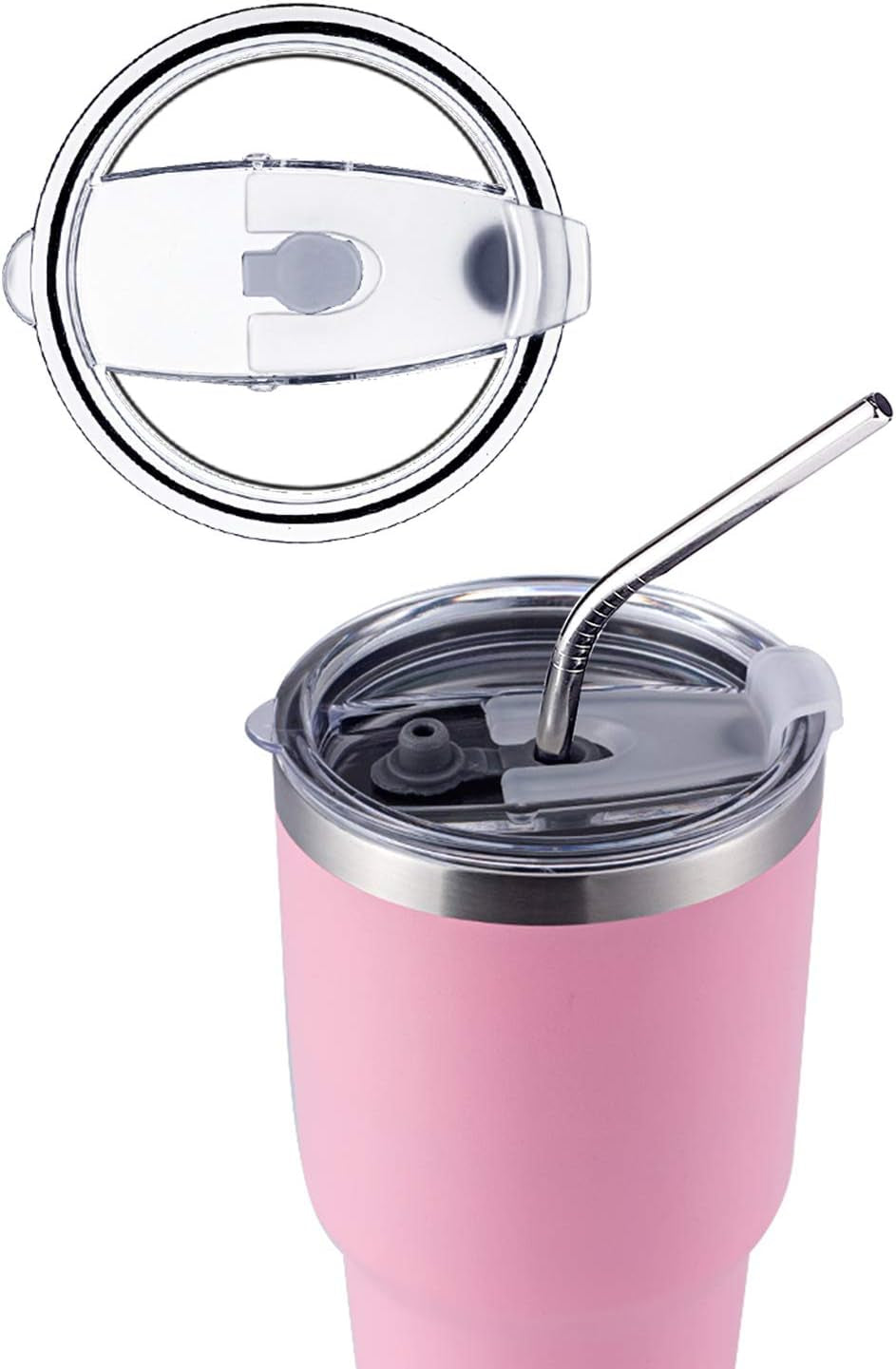 30Oz Tumbler Double Wall Stainless Steel Vacuum Insulated Travel Mug with Splash-Proof Lid Metal Straw and Brush (Pink)