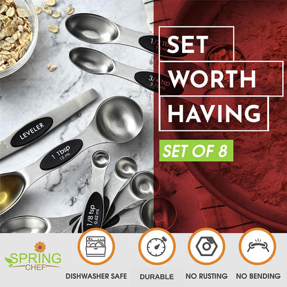 Magnetic Measuring Spoons Set with Strong N45 Magnets, Heavy Duty Stainless Steel Metal, Fits in Most Kitchen Spice Jars for Baking & Cooking, BPA Free, Black, Set of 8 with Leveler