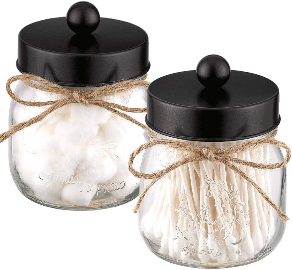 2 Pack Glass Mason Jar Mason Jar Bathroom Vanity Organizer with Black Stainless Steel Lid, Rustic Mason Jar Cotton Ball/Swabs/Rounds Holder Farmhouse, Mason Jar Decor Bathroom Storage - Black