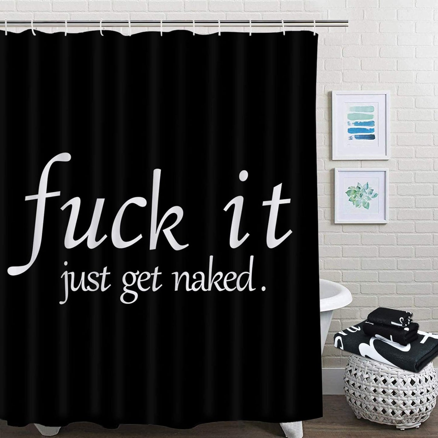 Get Naked Shower Curtain Set, Includes Extra Large Bath Towel, Absorbent Hand Towels, Soft Washcloth, Black and White Funny Quotes Shower Curtain with 12 Hooks for Bathroom Decoration, Spa, Hotel