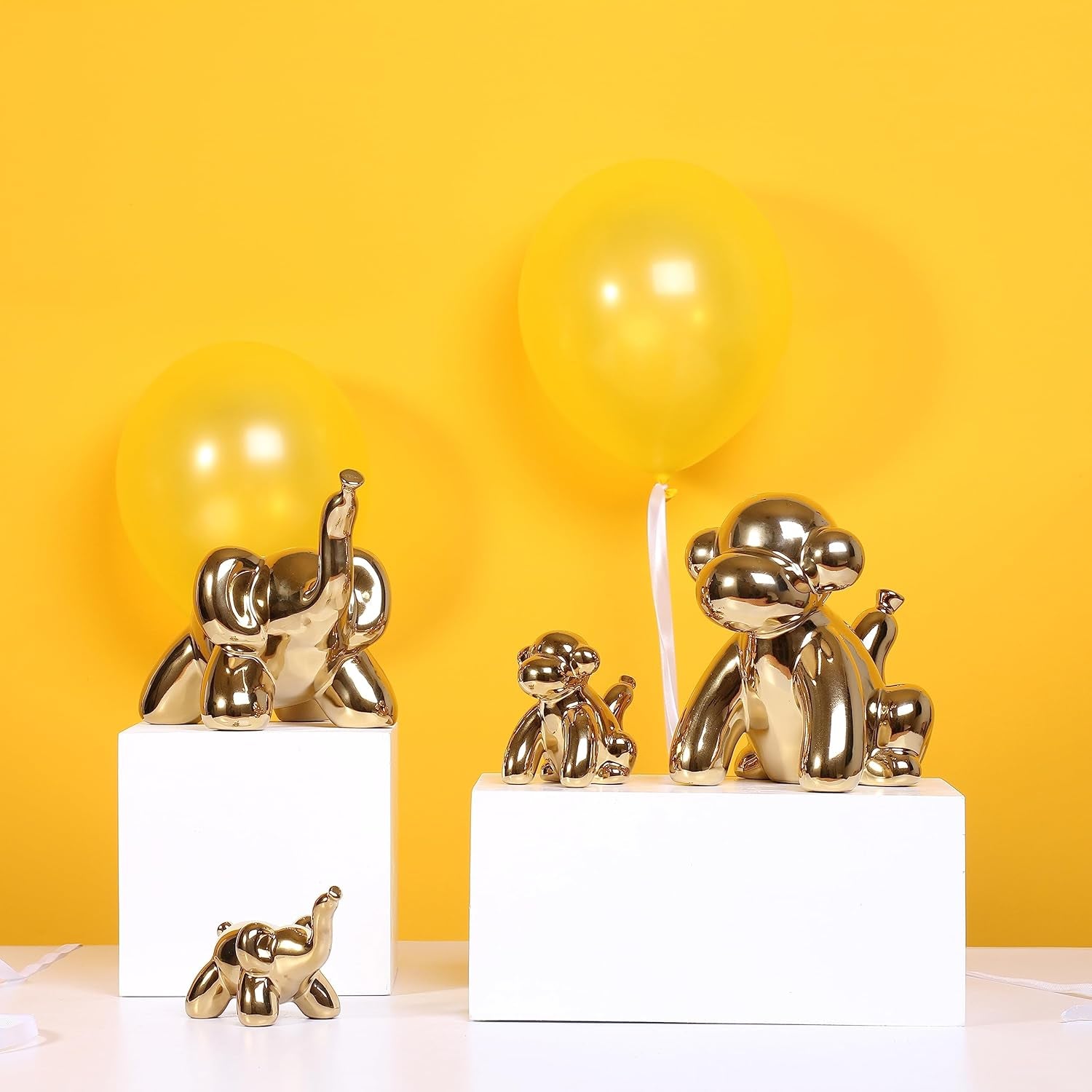 Gold Home Décor Balloon Figurine Accent, Small Ceramic Animal Statue Handmade Sculpture Ornament (Elephant)