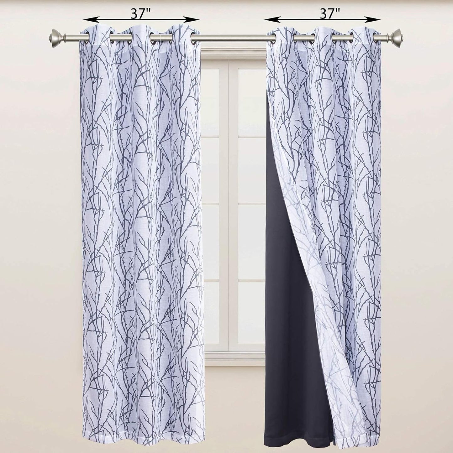 Mix and Match Curtains - 2 Pieces Branch Print Sheer Curtains and 2 Pieces Blackout Curtains for Bedroom Living Room Grommet Window Drapes, 37X63 Inch/Panel, Grey Dark, Set of 4 Panels