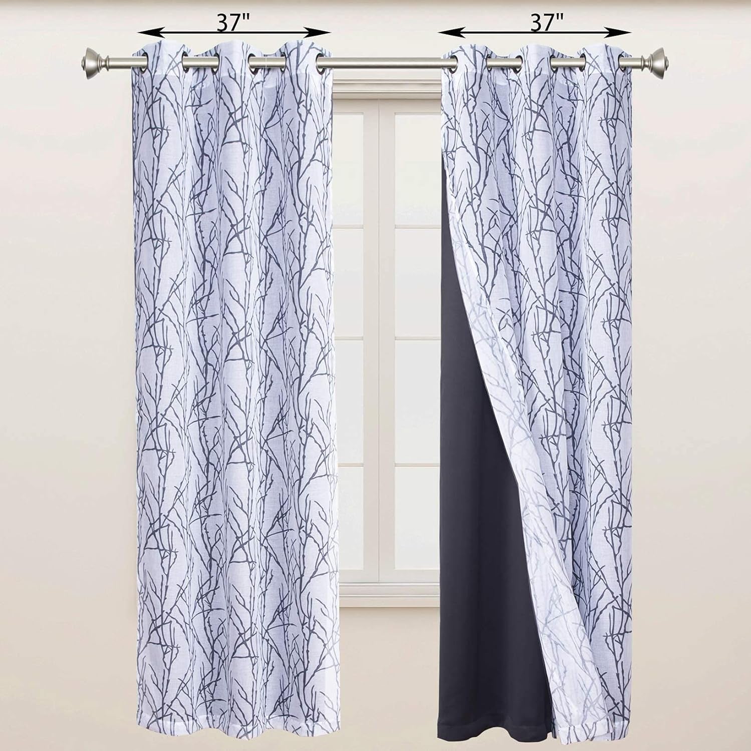 Mix and Match Curtains - 2 Pieces Branch Print Sheer Curtains and 2 Pieces Blackout Curtains for Bedroom Living Room Grommet Window Drapes, 37X63 Inch/Panel, Grey Dark, Set of 4 Panels