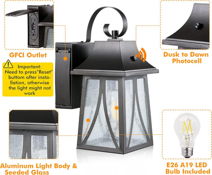 GFCI 120V Dusk to Dawn Outdoor Wall Lantern with Seeded Glass and Built-In GFCI Outlets, Includes LED Filament Bulb, Oil Rubbed Bronze