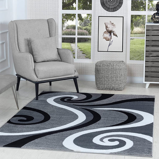 Modern Area Rug Swirls Carpet Bedroom Living Room Contemporary Dining Accent Sevilla Collection 4817 (4X6, Grey Black)