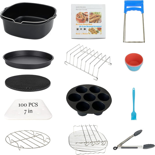 Air Fryer Accessories for Cosori Instant Vortex Phillips Gowise Ninja Air Fryer, 13PCS Square Airfryer Accessory with Cake Pan, Pizza Pan, Air Fryer Liners, Muffin Cups