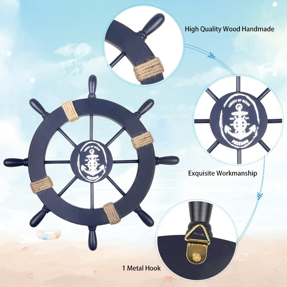 2 Pack 11" Nautical Beach Wooden Ship Wheel and 13" Wooden Anchor with Rope Nautical Boat Steering Wheel Rudder Anchor Wall Art Decor Door Hanging Ornament Beach Theme Home Decoration(Blue)