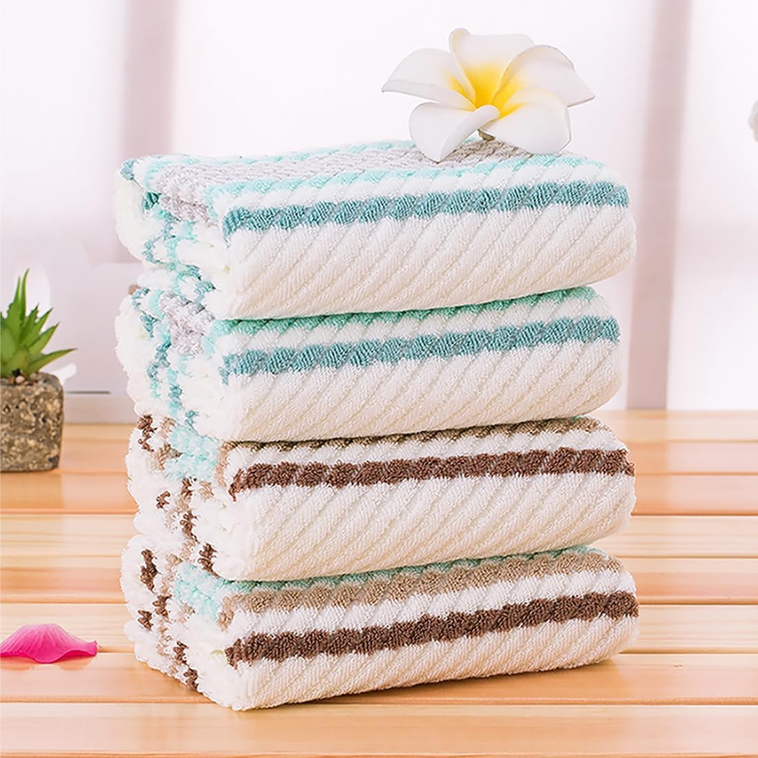 Hand Towels Set of 4 Striped Pattern 100% Cotton Soft Absorbent Decorative Towel for Bathroom 13.4 X 29.5 Inch (Green and Brown)