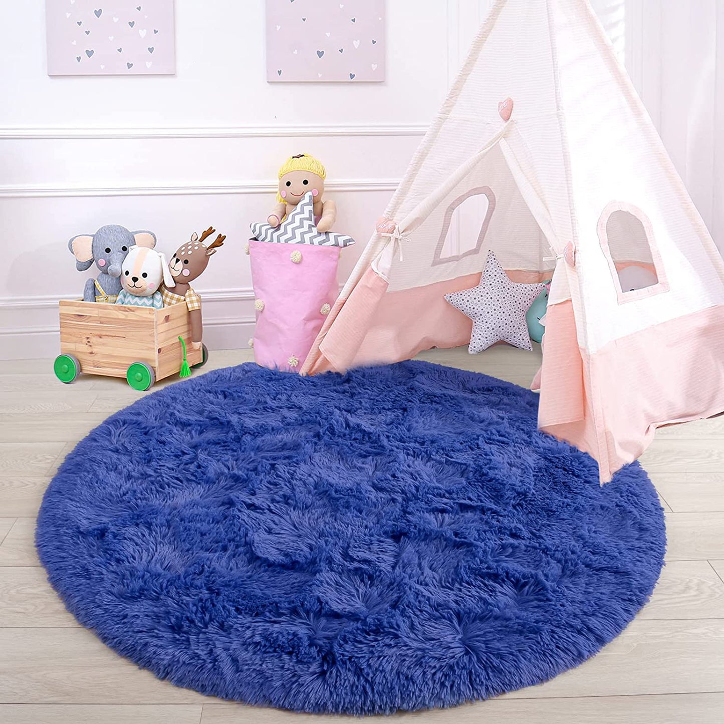 round Rug 6X6 Feet Fluffy Soft Area Rugs for Kids Girls Room Princess Castle Plush Shaggy Carpet Cute Circle Nursery Rug for Kids Teen'S Bedroom Home Decor Large Circular Carpet, Navy Blue