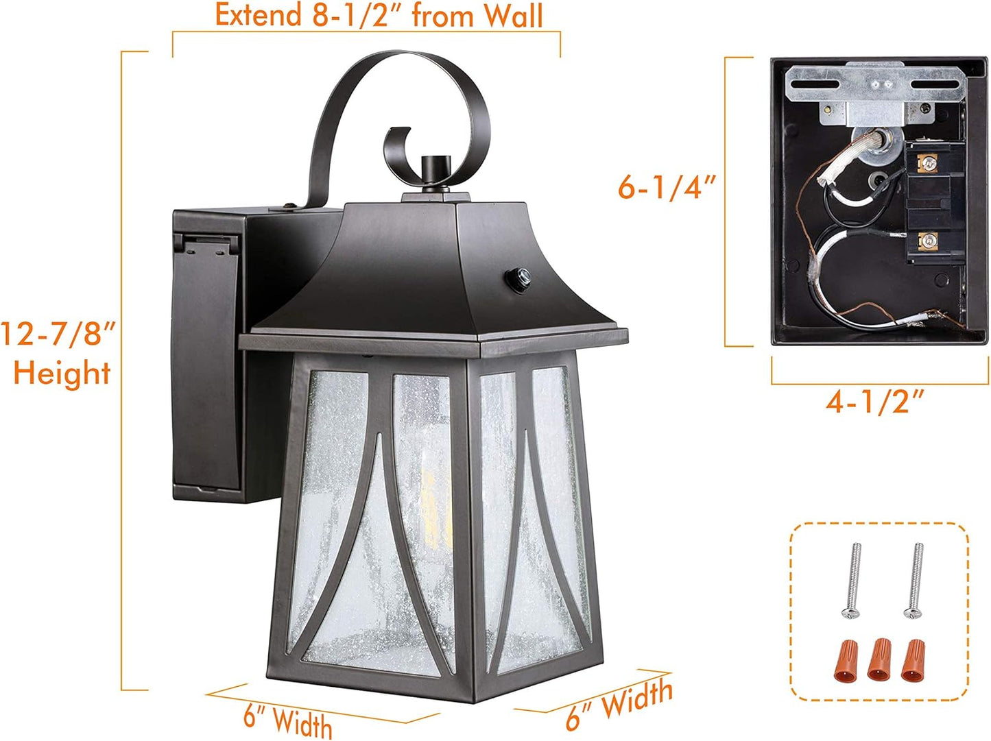 GFCI 120V Dusk to Dawn Outdoor Wall Lantern with Seeded Glass and Built-In GFCI Outlets, Includes LED Filament Bulb, Oil Rubbed Bronze