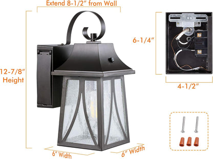 GFCI 120V Dusk to Dawn Outdoor Wall Lantern with Seeded Glass and Built-In GFCI Outlets, Includes LED Filament Bulb, Oil Rubbed Bronze