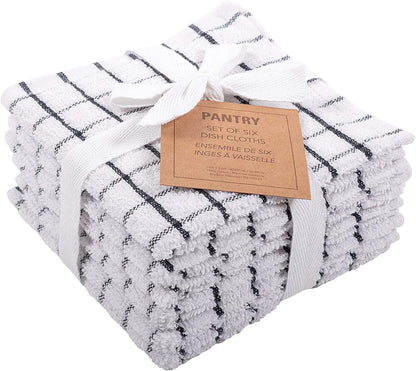 Pantry 100% Cotton Checkered Grid Dish Cloths | Set of 6, 12 X 12 Inches | Absorbent and Machine Washable | Perfect for Cleaning Counters, and Any Household Spills - Black