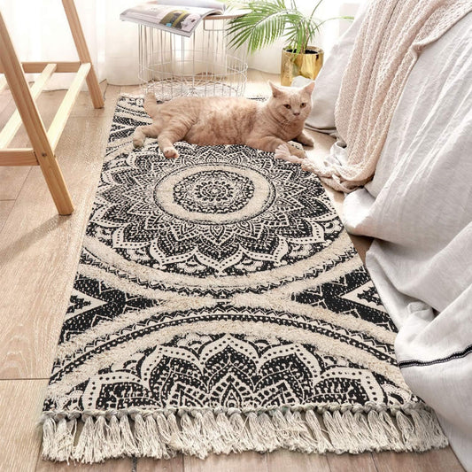 Mandala Boho Runner Rug, 2.3' X 5.3' Tufted Hand Woven Washable Hallway Black Cream Chic Tassels Door Mat Farmhouse Indoor Floor Rugs for Bedroom/Kitchen/Bathroom/Living Room