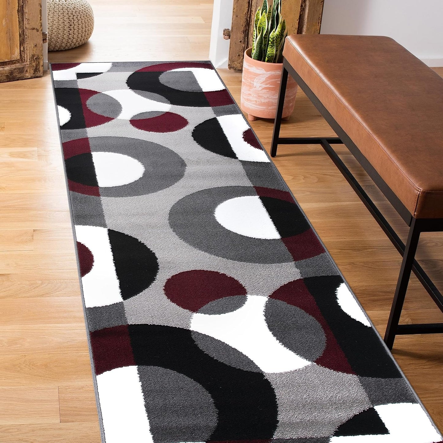 Modern Circles Carpet Easy Maintenance for Home Office,Living Room,Bedroom,Kitchen Soft Runner Rug 2' X 7'2" Burgundy