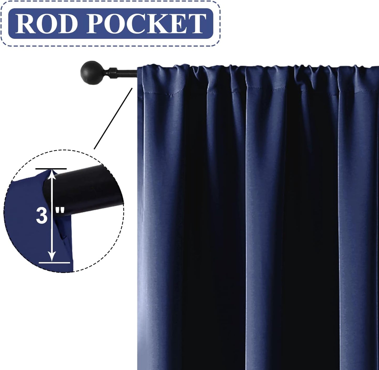 Blackout Curtains for Living Room, Thermal Insulated Rod Pocket Window Drapes for Bedroom, 2 Panels (42X84 Inch, Navy Blue)