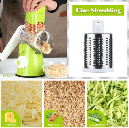 Rotary Cheese Grater Hand Crank, Kitchen Shredder Speed Mandolin Slicer Nut Grinder with Handle and Drum Blades for Cheese, Vegetable, Walnut, Chocolate, Potato, Carrot, 3 Blades, Green