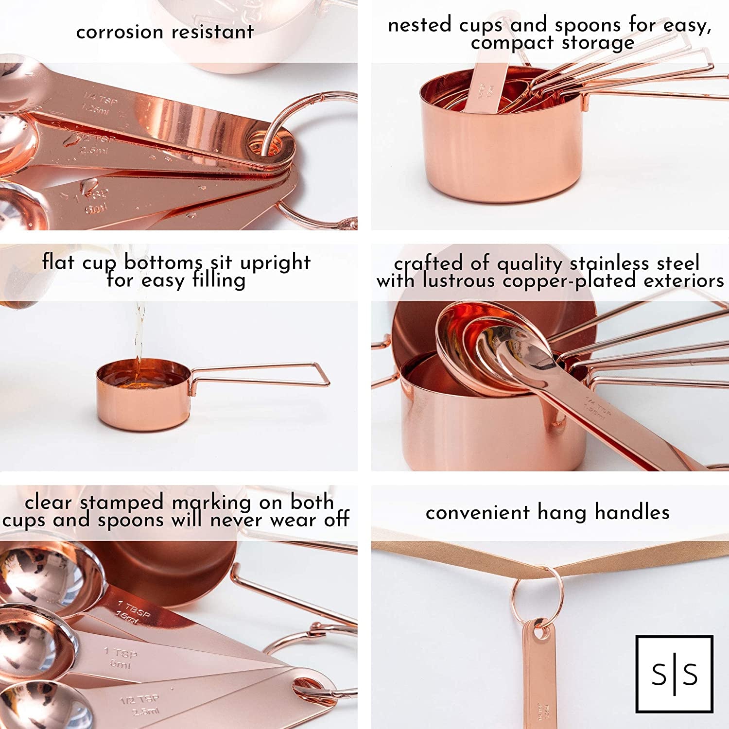 Copper Measuring Cups and Spoons Set - Metal Measuring Cups and Spoons Set - Stackable, Stylish, Sturdy Stainless Steel (8-Piece) - Rose Gold Measuring Cups and Spoons Set