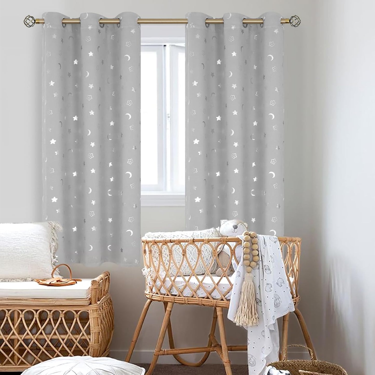 Kids Curtains for Nursery, Star and Moon Blackout Curtains for Boys Girls Bedroom 63 Inch Long, Room Darkening Thermal Insulated Grommet Curtains for Baby, Linght Grey, 2 Panels, 42 X 63 Inch