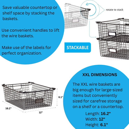 XXL Stackable Wire Baskets for Organizing - Set of 2 Snack & Chips Organizer for Pantry; Wire Storage Baskets with Handles; Extra Large Bronze Chip Storage for Pantry