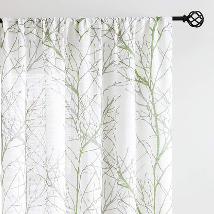 Green Sheer White Curtains 84” for Living Room Grey Tree Branches Print Curtain Set Linen Textured Semi-Sheer Window Drapes for Bedroom Rod Pocket, 2 Panels