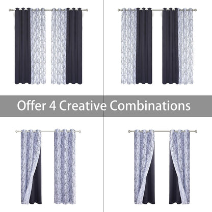 Mix and Match Curtains - 2 Pieces Branch Print Sheer Curtains and 2 Pieces Blackout Curtains for Bedroom Living Room Grommet Window Drapes, 37X63 Inch/Panel, Grey Dark, Set of 4 Panels