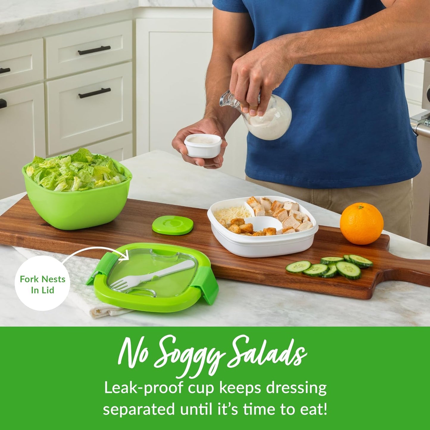 All-In-One Salad Container - Large Salad Bowl, Bento Box Tray, Leak-Proof Sauce Container, Airtight Lid, & Fork for Healthy Adult Lunches; Bpa-Free & Dishwasher/Microwave Safe (Green)