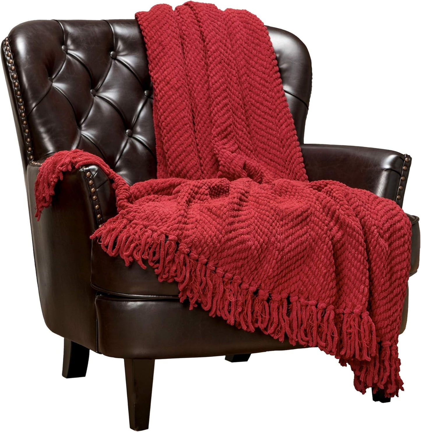 Premium Textured Knit Throw Blanket with Tassels - Soft, Cozy Blanket for Couch, Bed, Living Room - 50" X 65” - Red