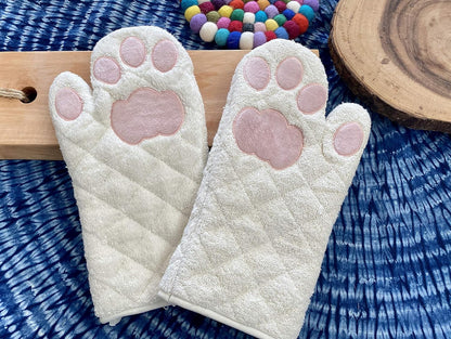 Oven Mitts Cat Paws - White and Pink